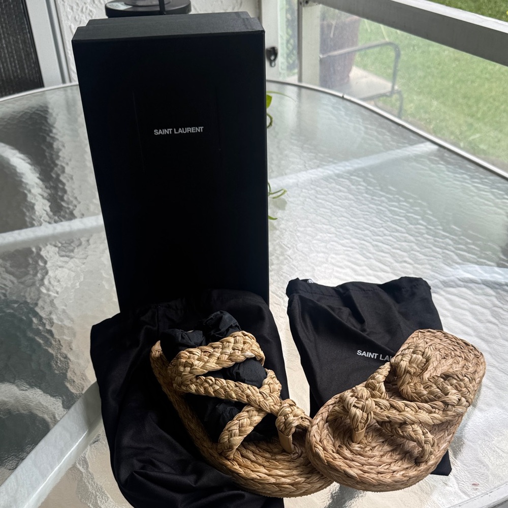 Saint Laurent Natural Raffia Braided Slide Sandals